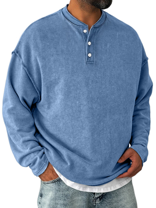 Men's Retro Casual Stand Collar Button-Down Long Sleeve Henley Shirt
