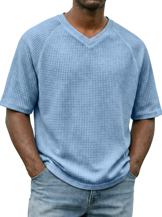 Men's Waffle-knit V-neck Raglan Sleeve Casual Solid Color Short-sleeved Shirt