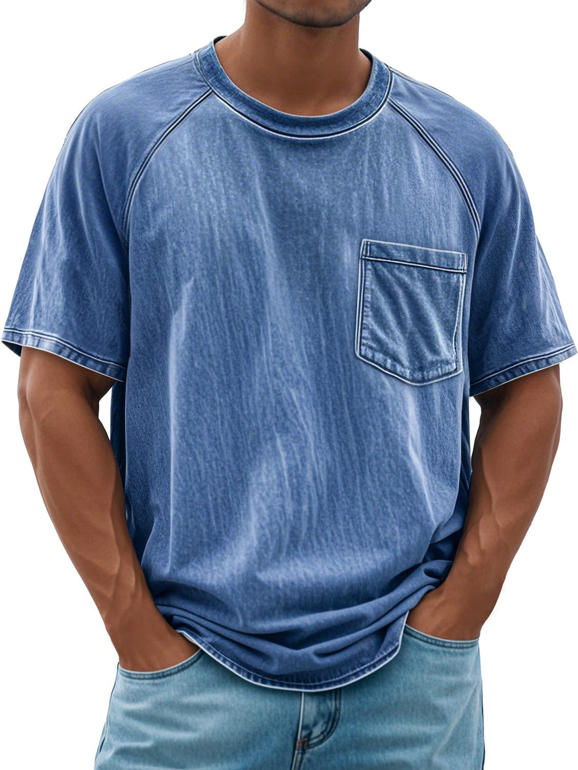 Men's Retro Round Neck Raglan Pocket Casual Short Sleeve T-Shirt