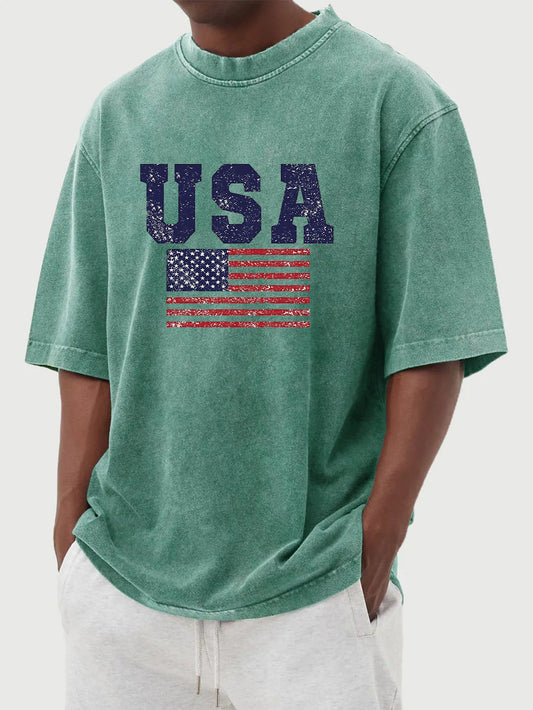 Men's vintage washed USA flag printed short sleeve T-shirt