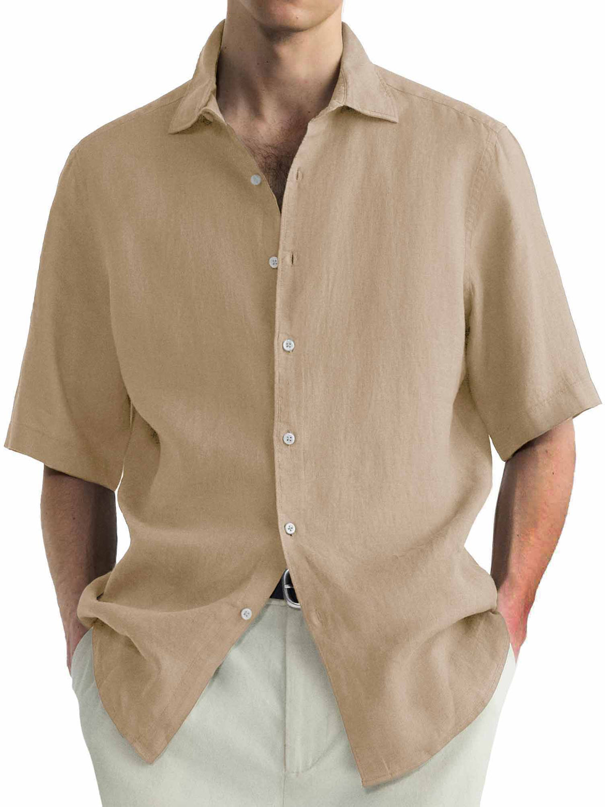 Men's Cotton Hawaiian  Summer Comfortable Casual Basic Solid Color Short Sleeve Shirt