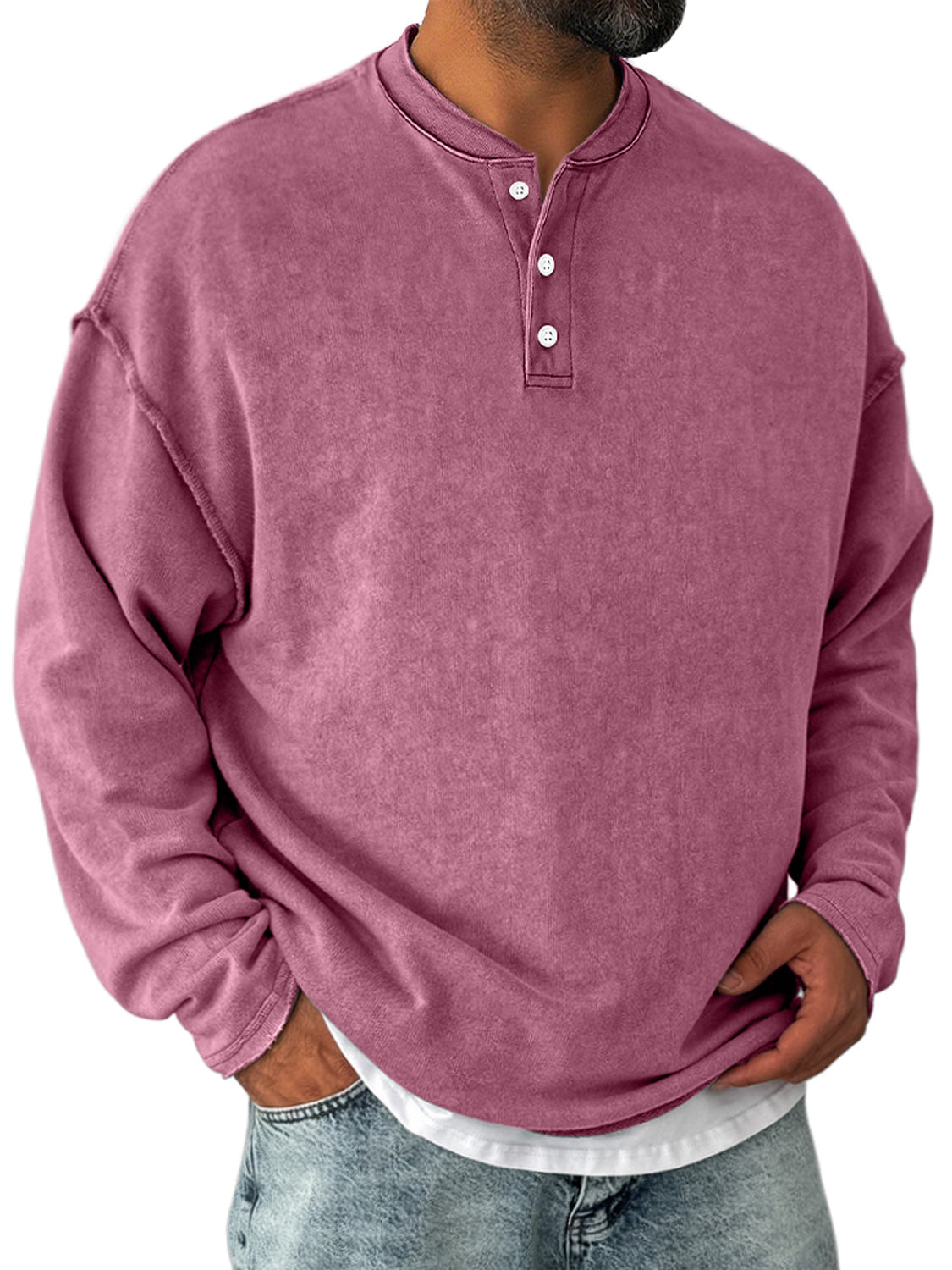 Men's Retro Casual Stand Collar Button-Down Long Sleeve Henley Shirt