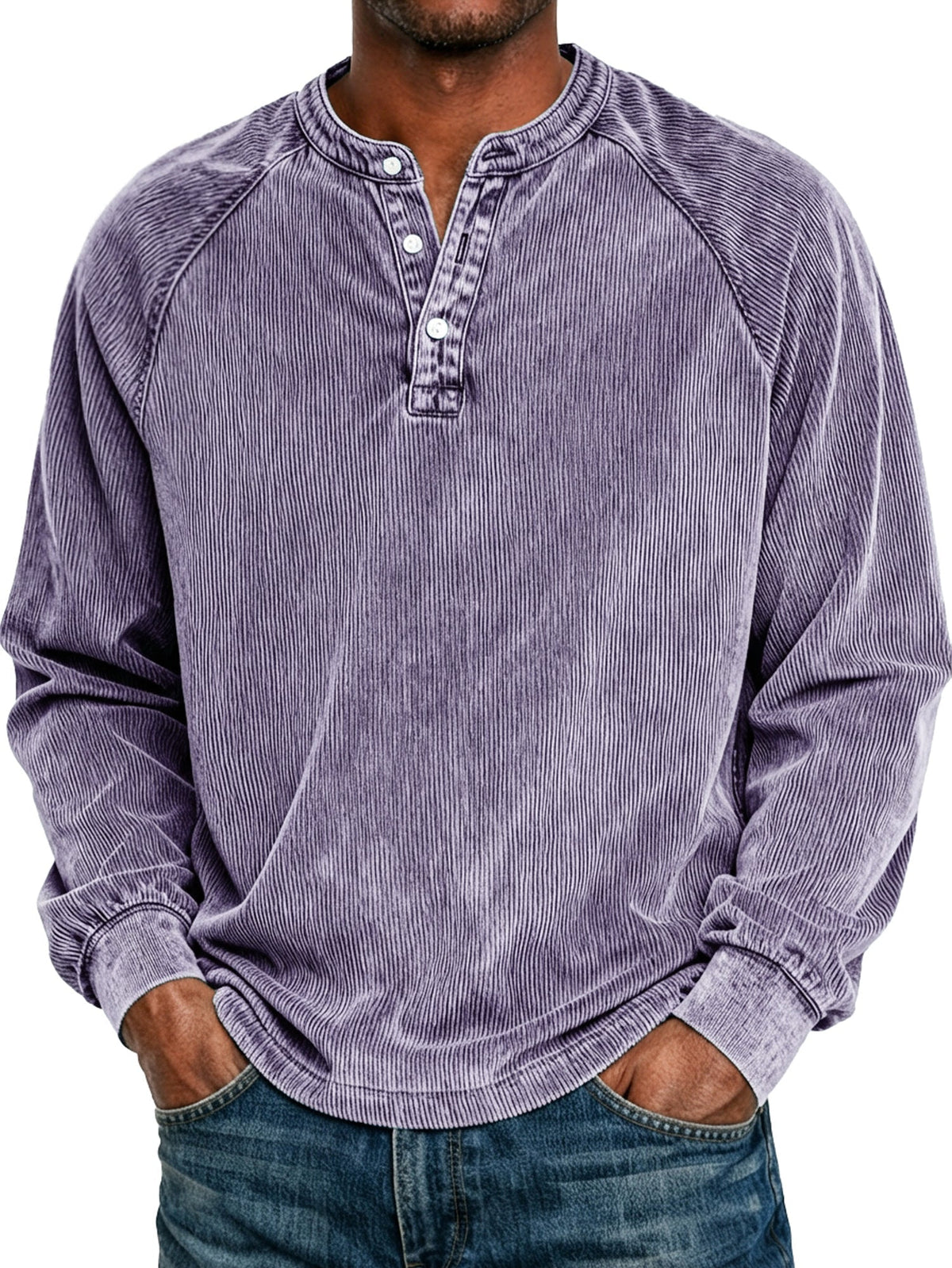 Men's Retro Raglan Corduroy Casual Long-Sleeve Henley Shirt