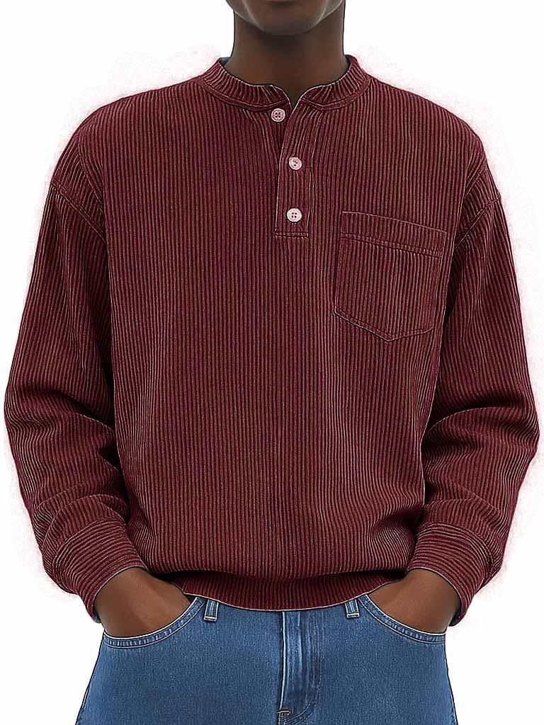 Men's Fashion Casual Ribbed Fabric Stand Collar Long Sleeve Henley Shirt