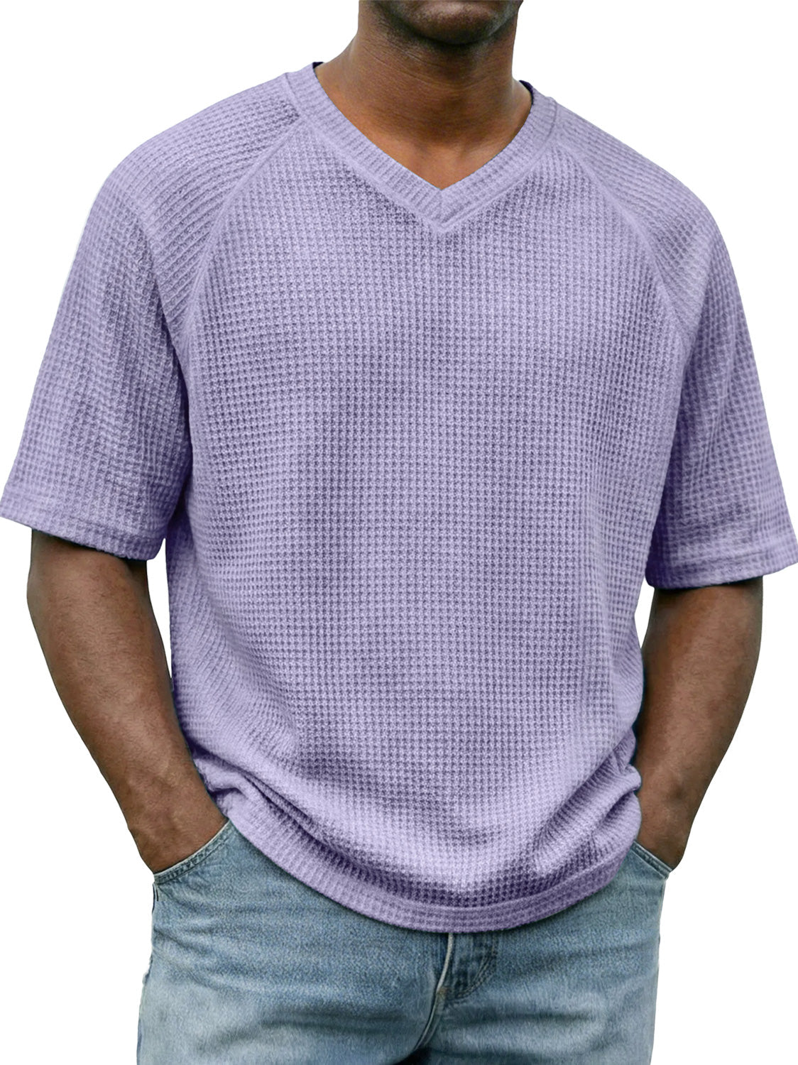 Men's Waffle-knit V-neck Raglan Sleeve Casual Solid Color Short-sleeved Shirt