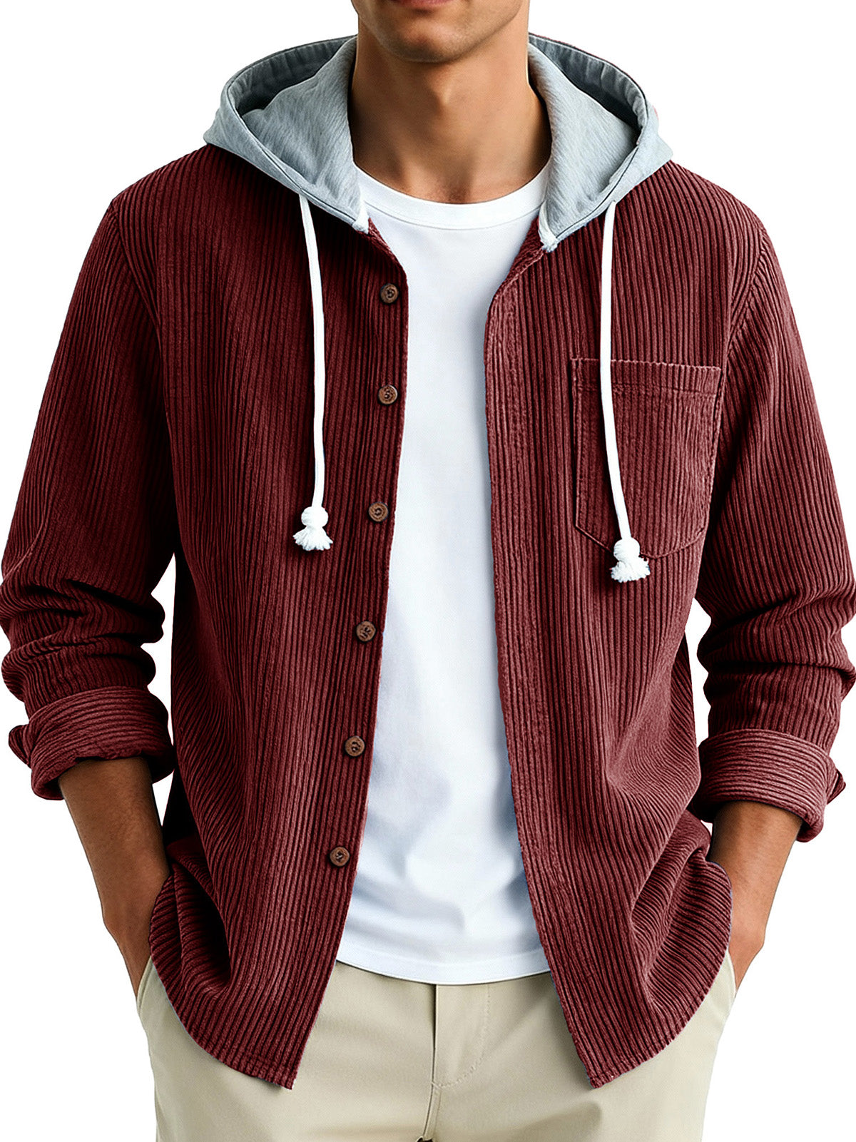  Men's Fashion Vintage Stitching Pit Strip Long Sleeve Pocket Hooded Shirt