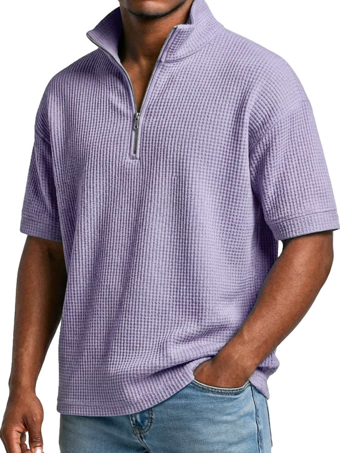 Men's Waffle-knit Simple Stand-collar Zip-up Casual Short-sleeved T-shir