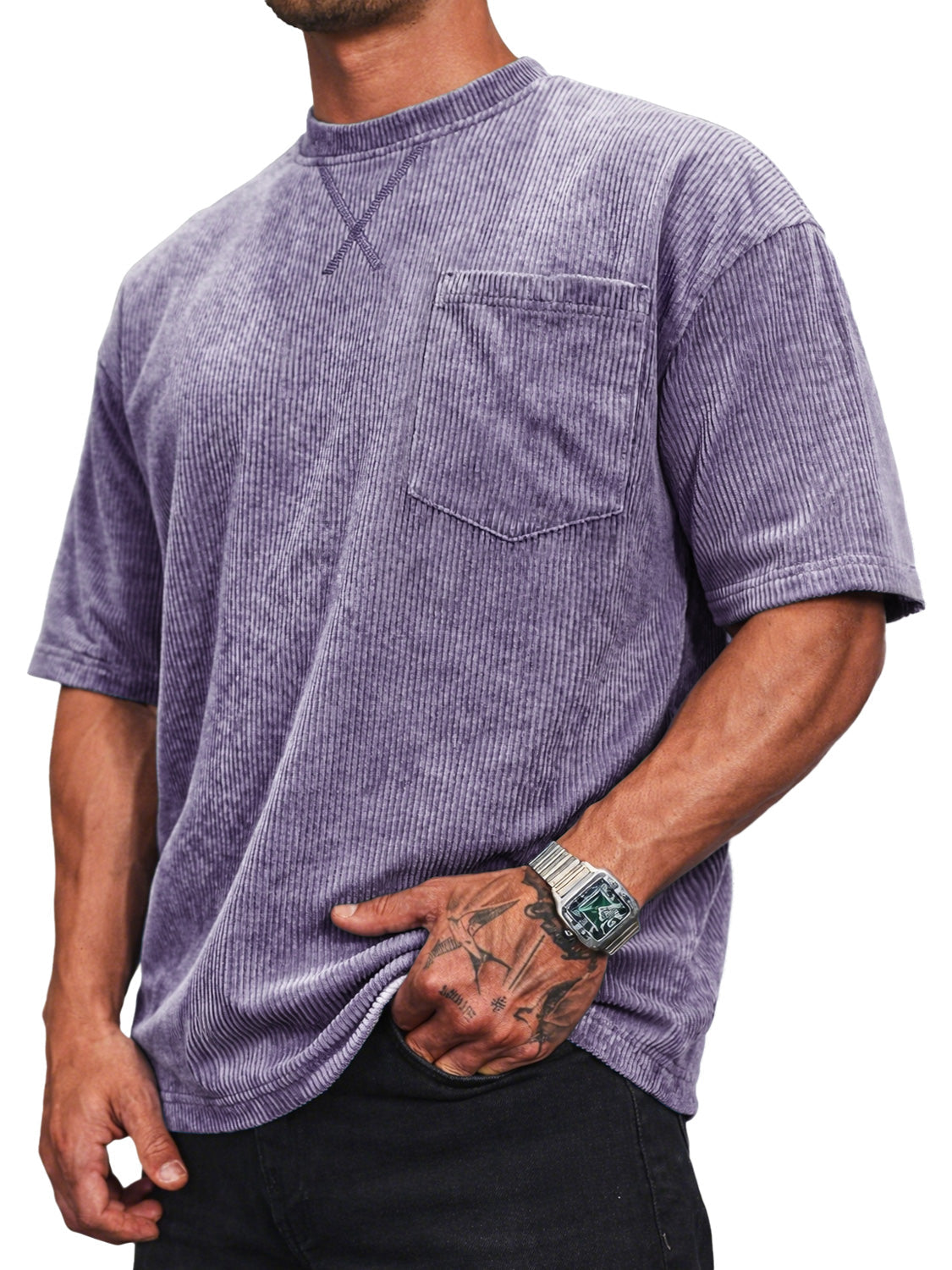Men's Corduroy Crew Neck Short-sleeved T-shirt With A Crossover Design