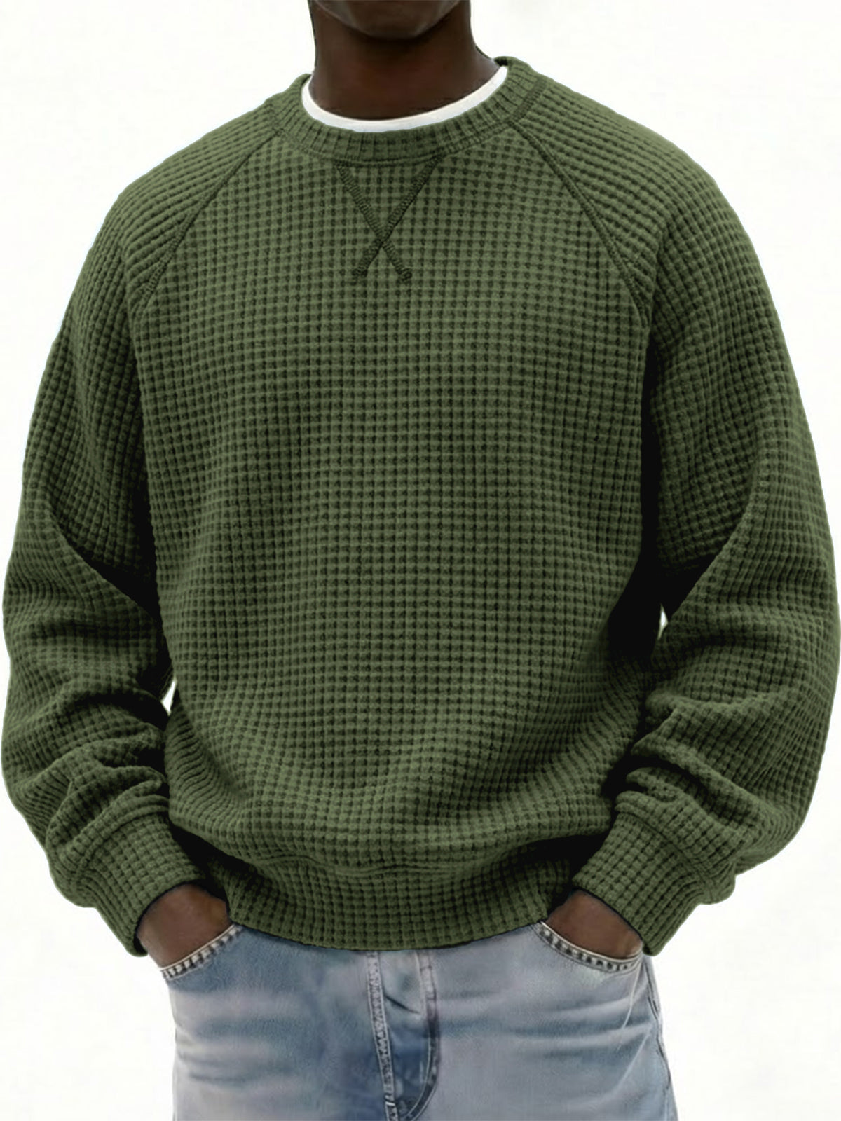 Men's Breathable Waffle Texture Patchwork Design Raglan Minimalist Pullover Top