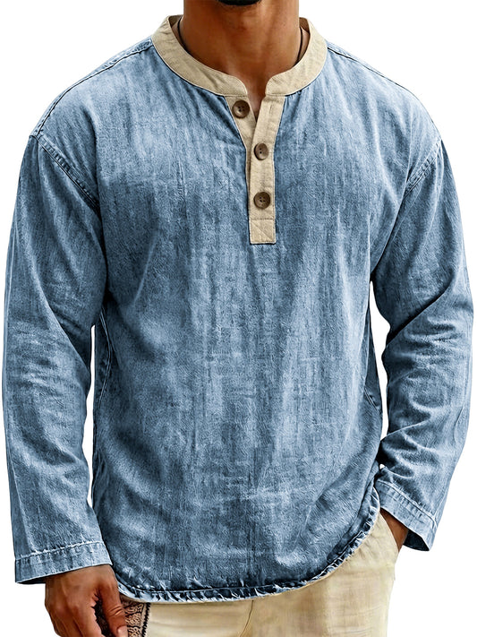 Men's Stylish Vintage Color-blocked Collar Pullover Henley Top