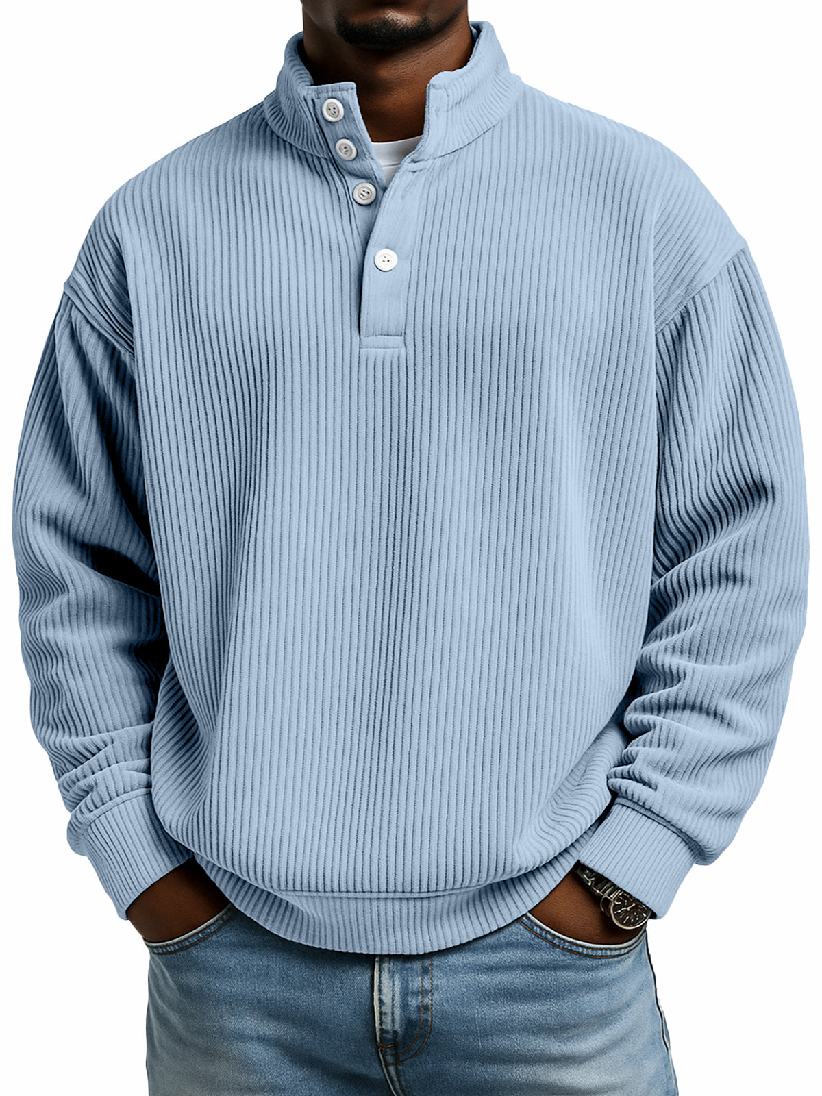 Simple casual solid color vertical ribbed texture four-button stand collar long sleeve sweatshirt