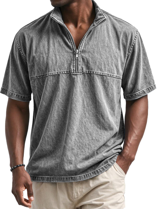 Men's Vintage Stand-collar Short-sleeved T-shirt With Zipper And Panel Design