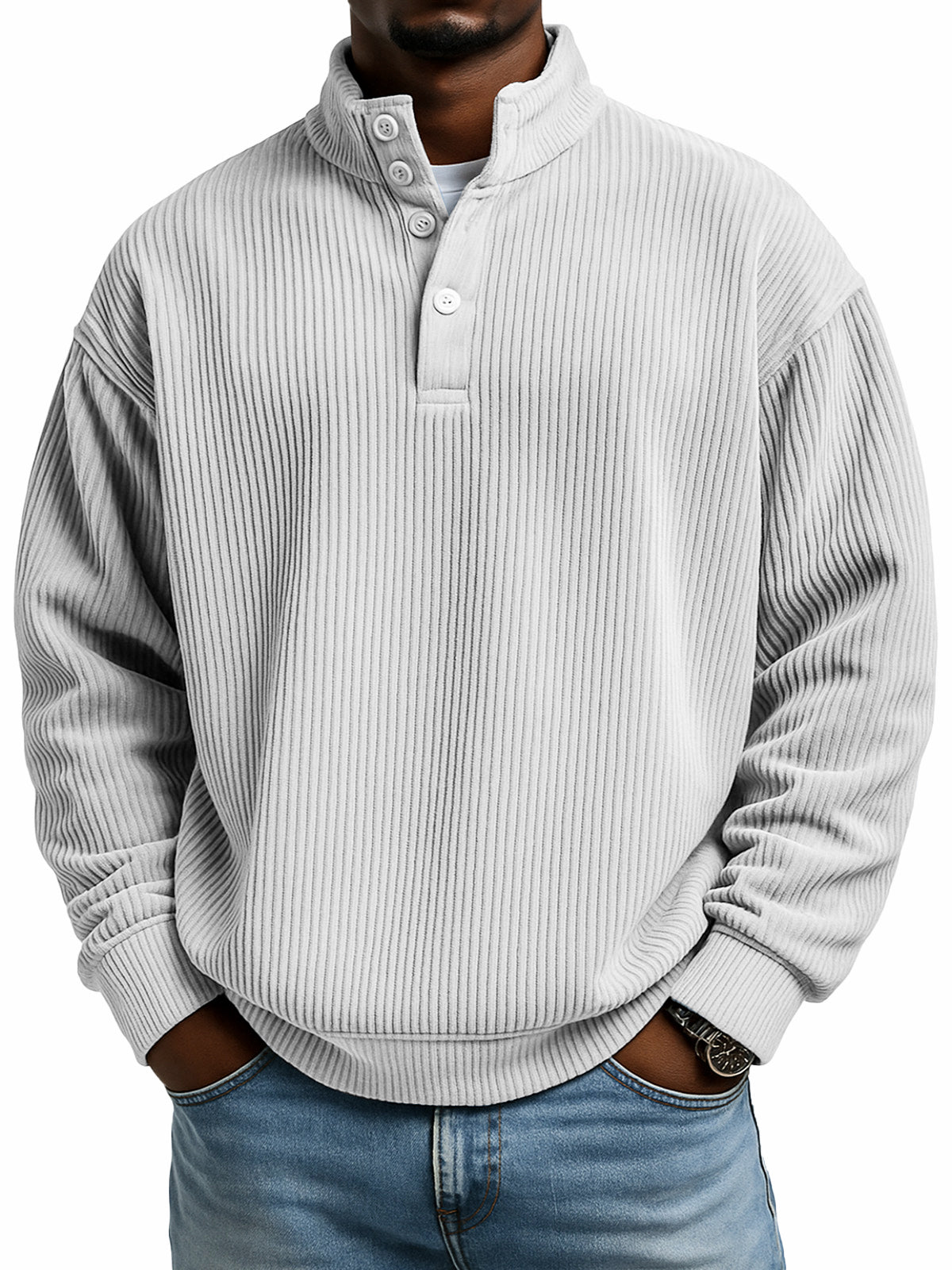 Simple casual solid color vertical ribbed texture four-button stand collar long sleeve sweatshirt