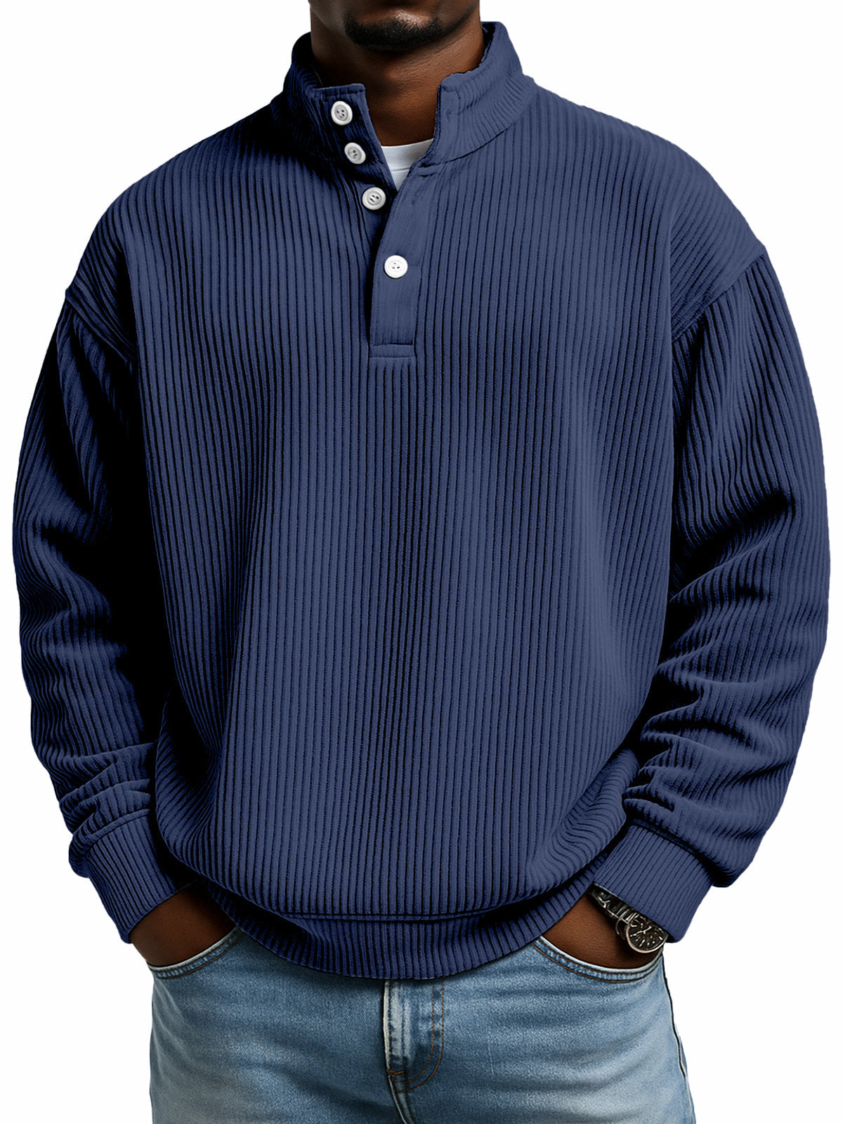 Simple casual solid color vertical ribbed texture four-button stand collar long sleeve sweatshirt