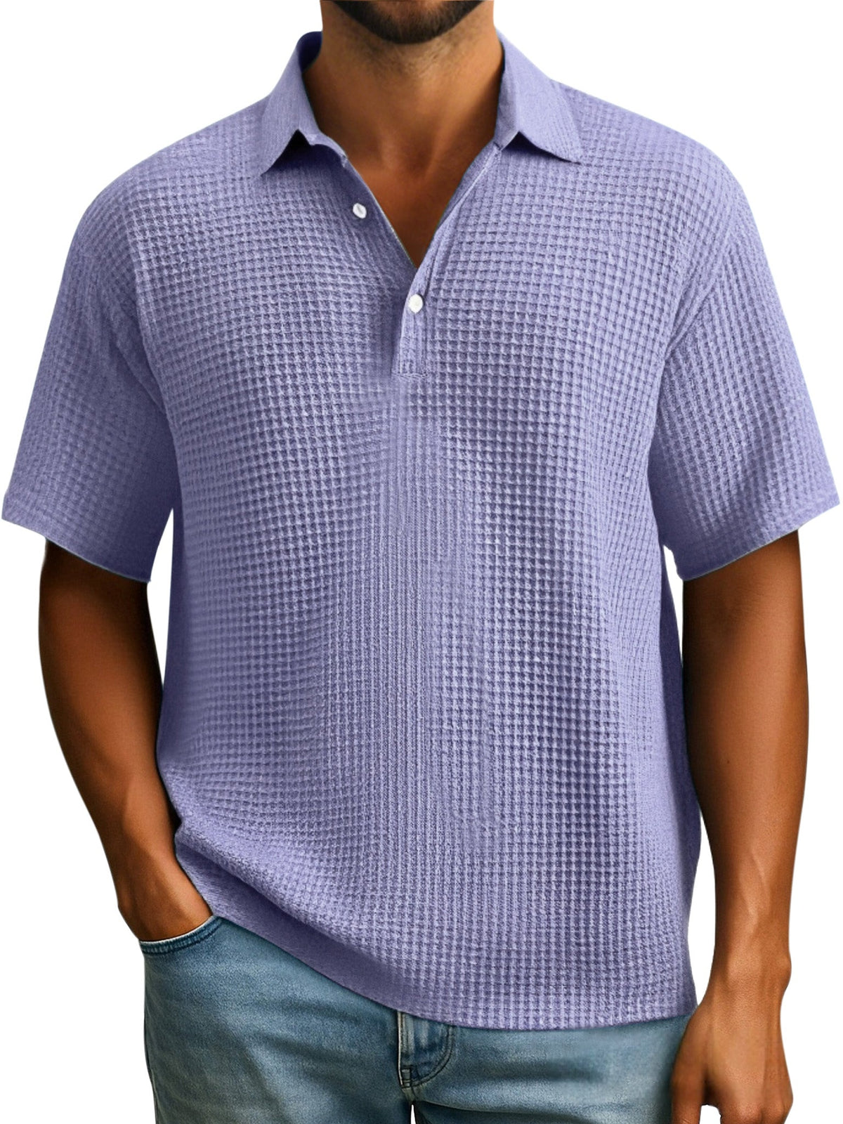 Men's Simple Everyday Solid Color Waffle Button Lapel Short Sleeve Polo Shirt
