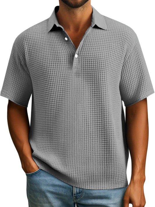 Men's Simple Everyday Solid Color Waffle Button Lapel Short Sleeve Polo Shirt