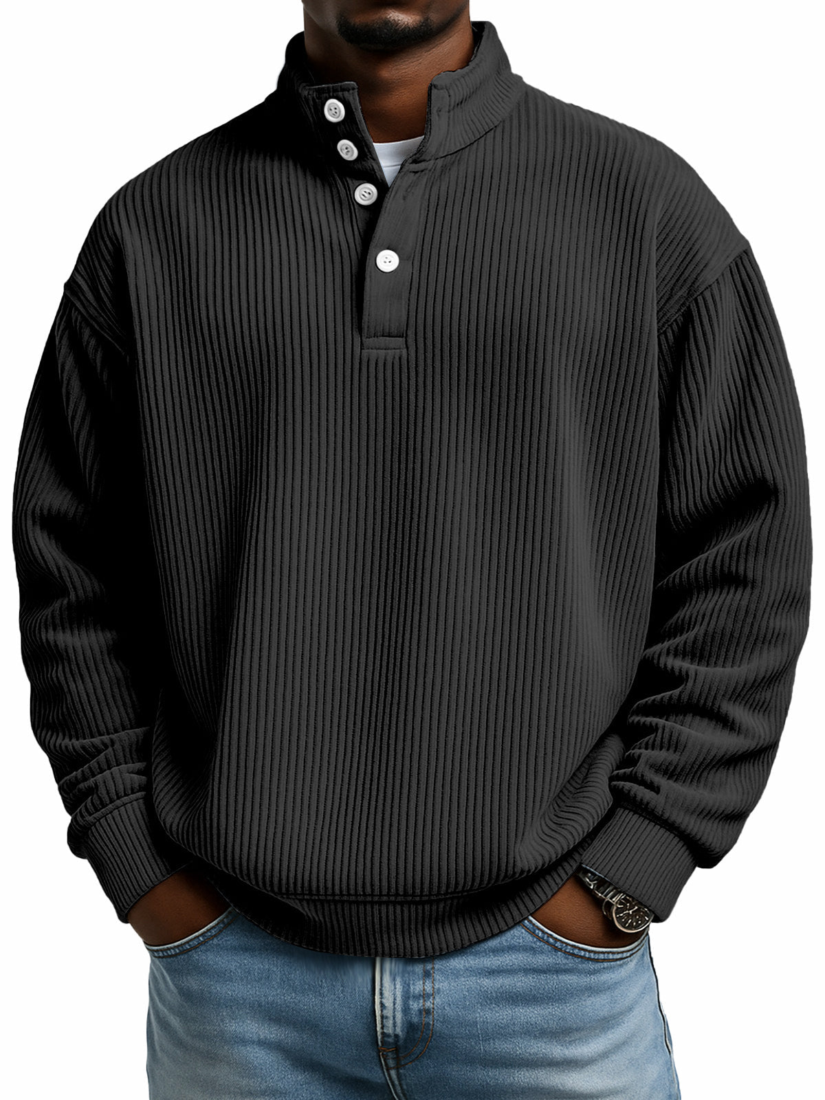 Simple casual solid color vertical ribbed texture four-button stand collar long sleeve sweatshirt