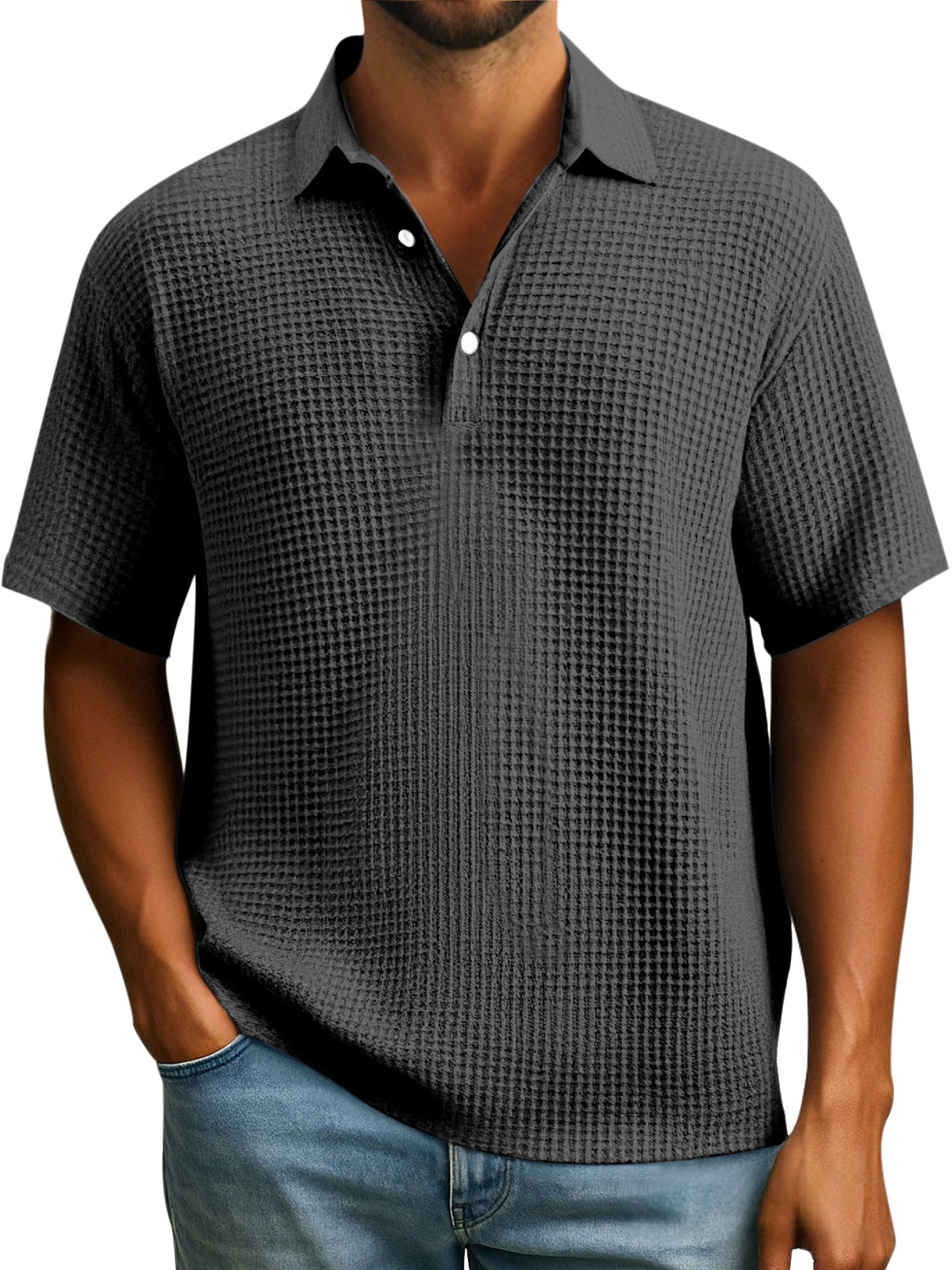 Men's Simple Everyday Solid Color Waffle Button Lapel Short Sleeve Polo Shirt
