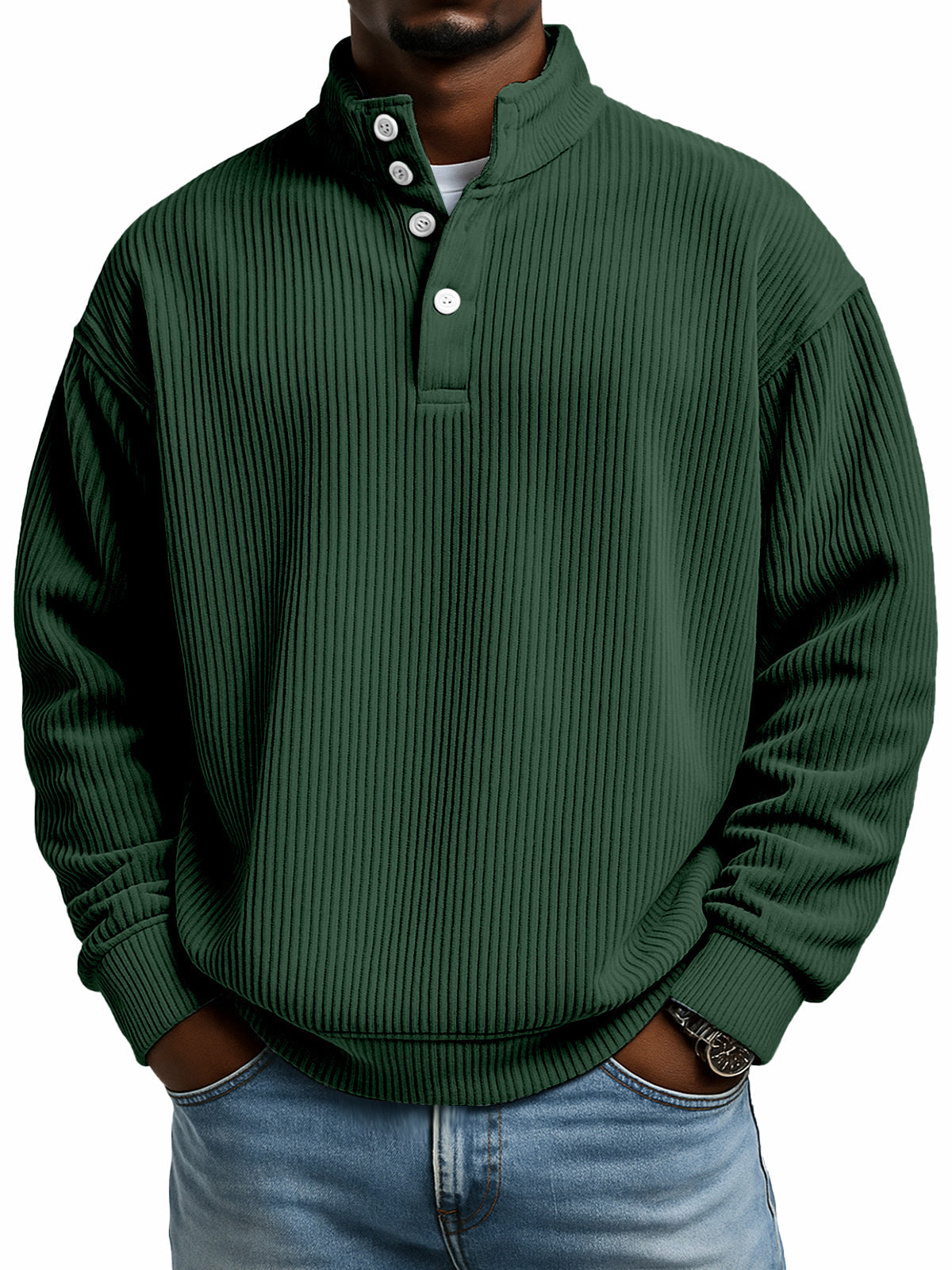 Simple casual solid color vertical ribbed texture four-button stand collar long sleeve sweatshirt