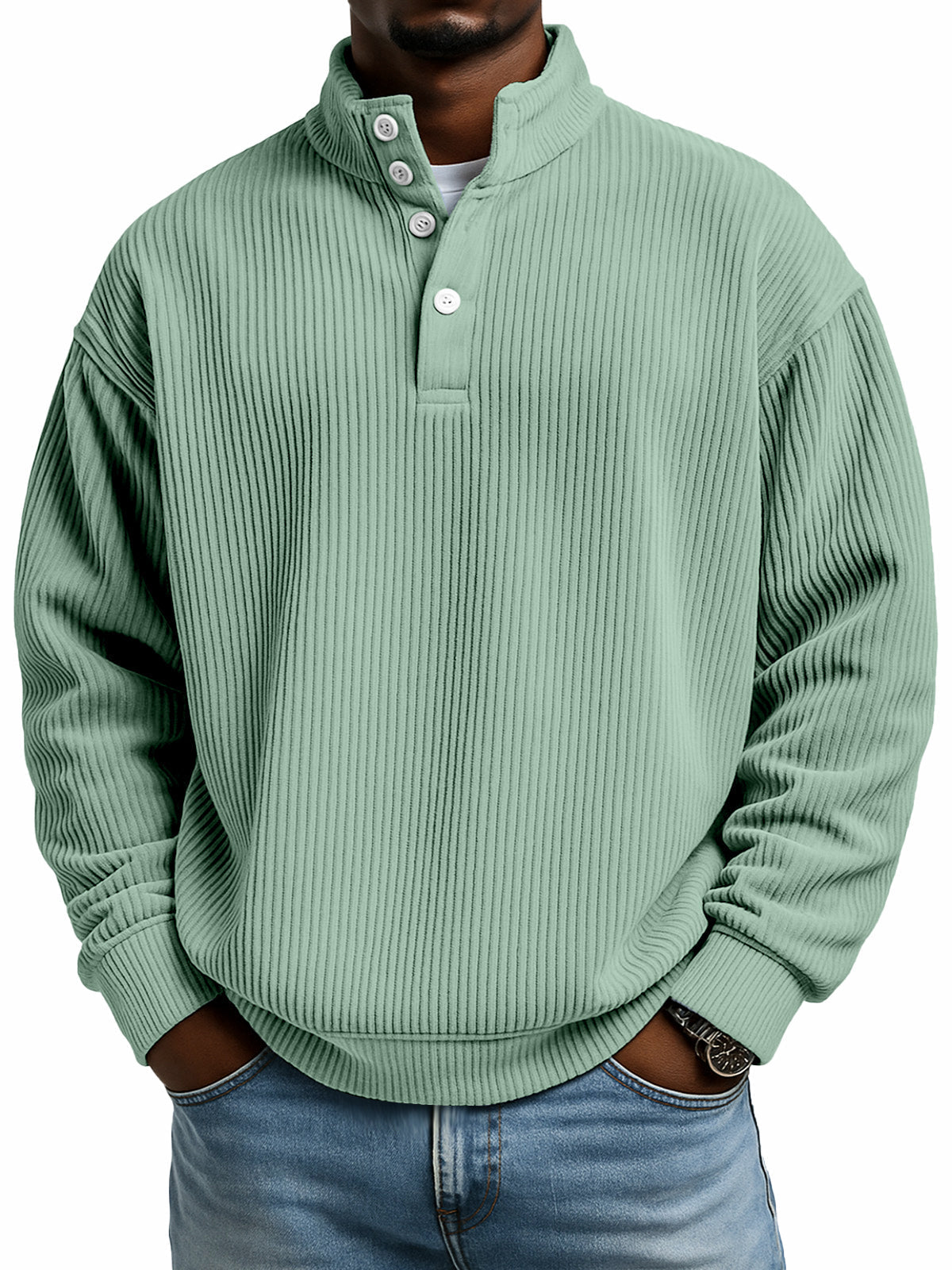 Simple casual solid color vertical ribbed texture four-button stand collar long sleeve sweatshirt