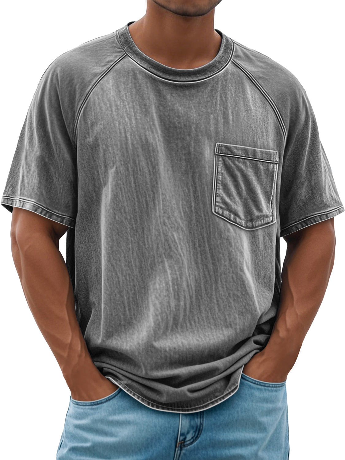 Men's Retro Round Neck Raglan Pocket Casual Short Sleeve T-Shirt
