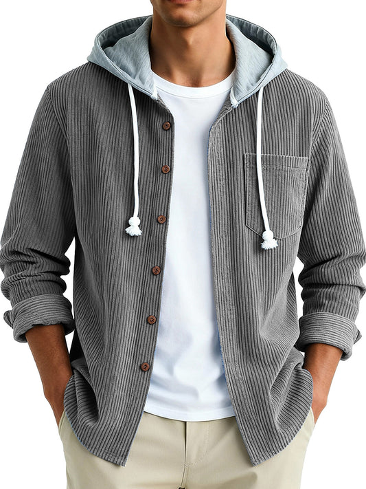  Men's Fashion Vintage Stitching Pit Strip Long Sleeve Pocket Hooded Shirt