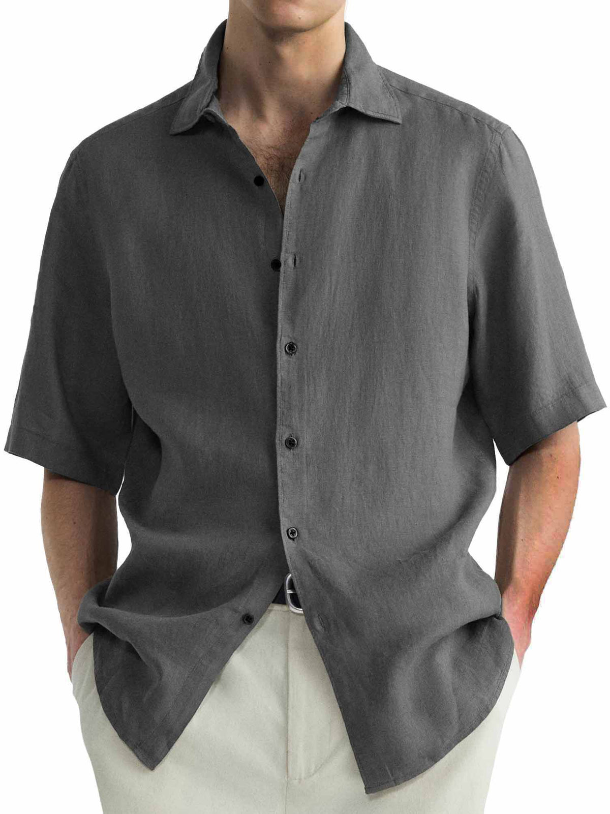 Men's Cotton Hawaiian  Summer Comfortable Casual Basic Solid Color Short Sleeve Shirt