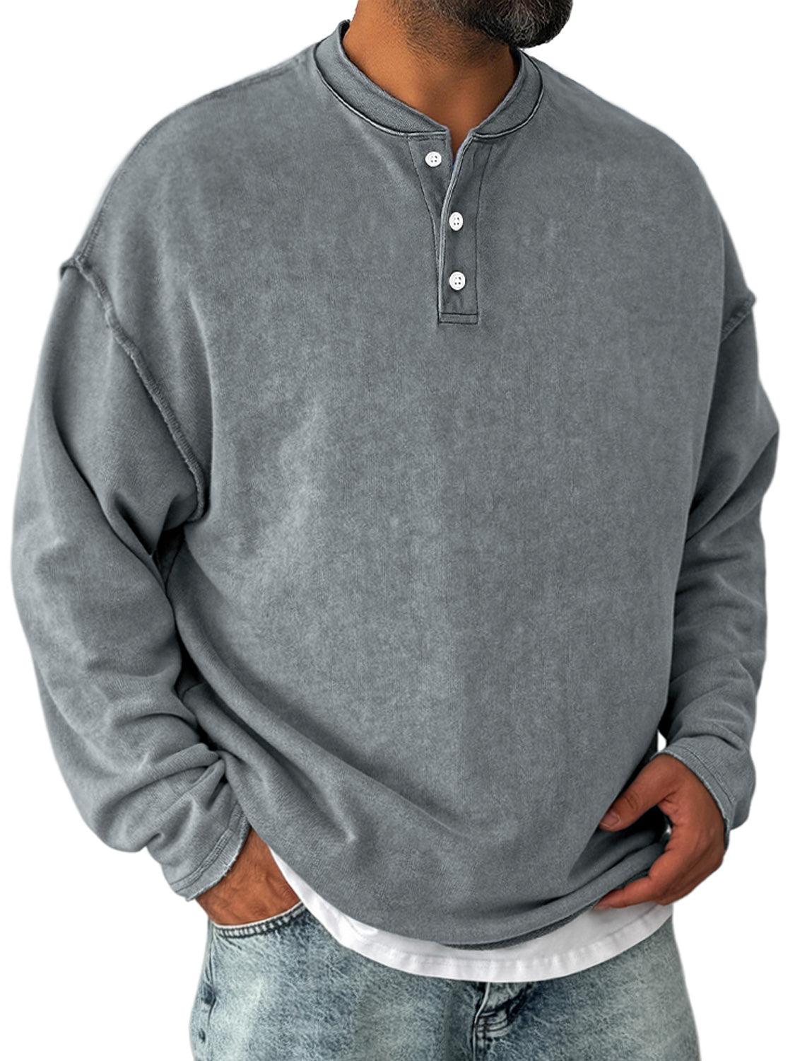 Men's Retro Casual Stand Collar Button-Down Long Sleeve Henley Shirt