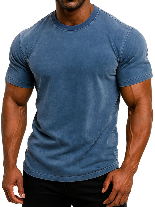 Men's 100% Cotton Retro Washed And Distressed Daily Slim Fit Short-sleeved T-shirt