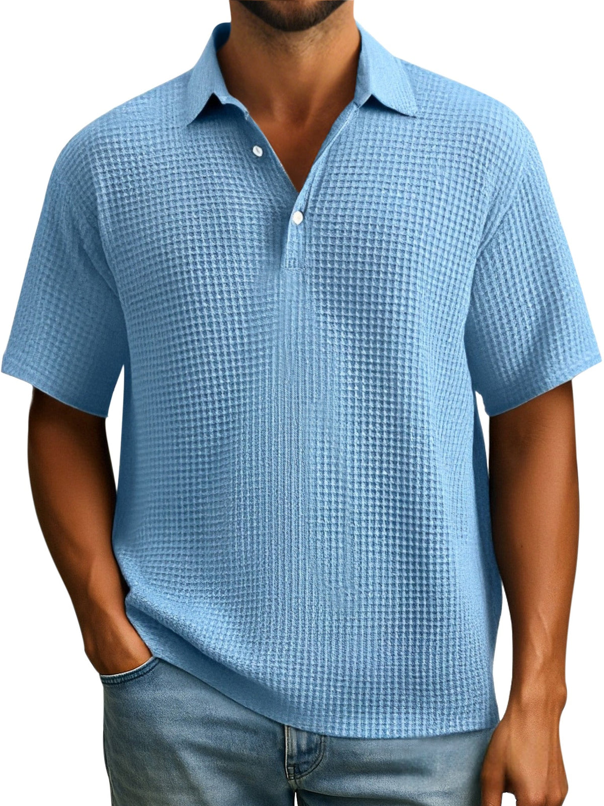 Men's Simple Everyday Solid Color Waffle Button Lapel Short Sleeve Polo Shirt
