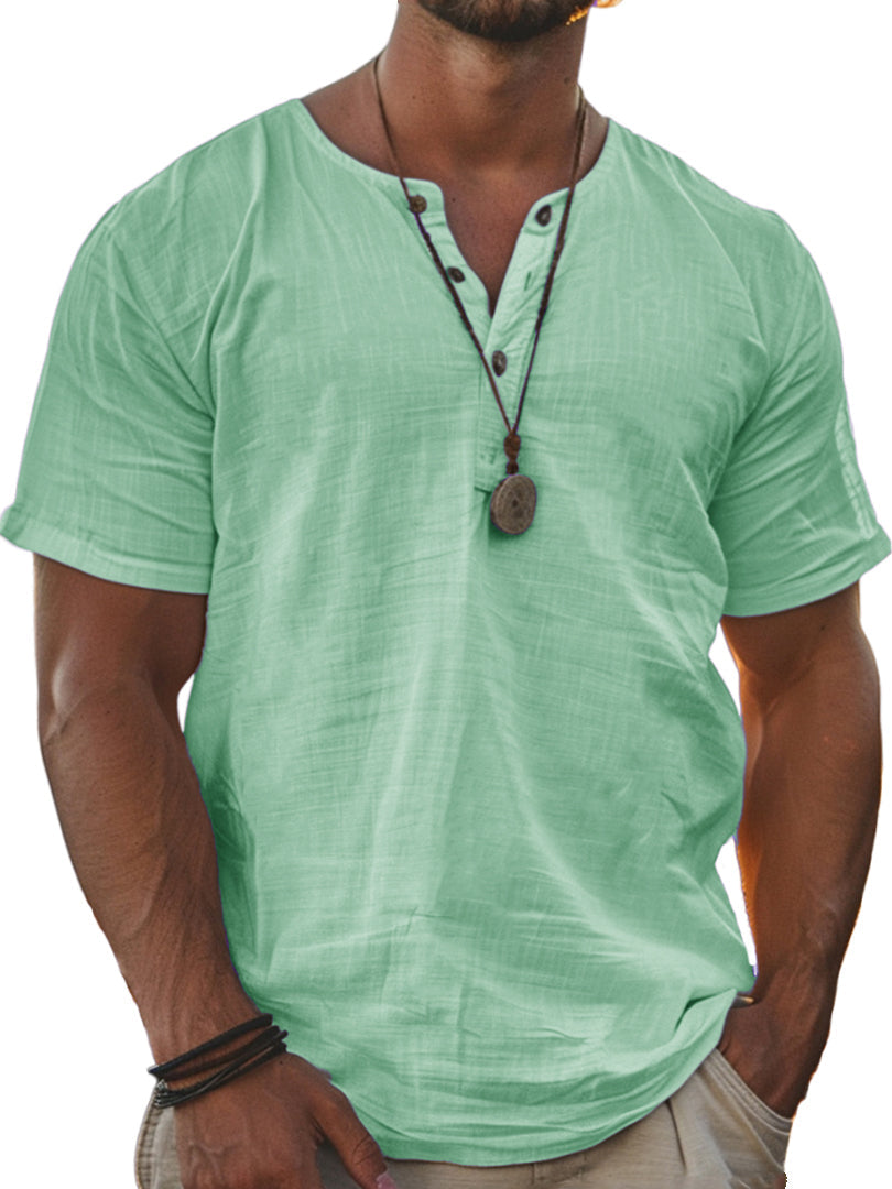 Men's Basic Casual Comfort Button Down Short Sleeve Henley T-Shirt
