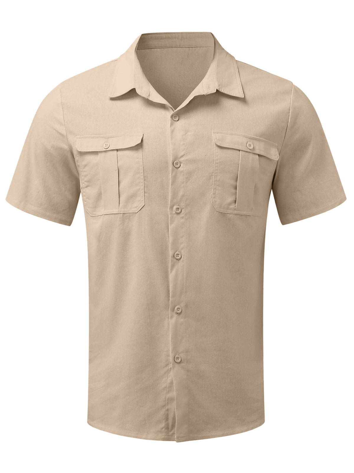 Mokaloha-Men's Solid Color Double Pocket Cotton Linen Casual Short Sleeve Shirt