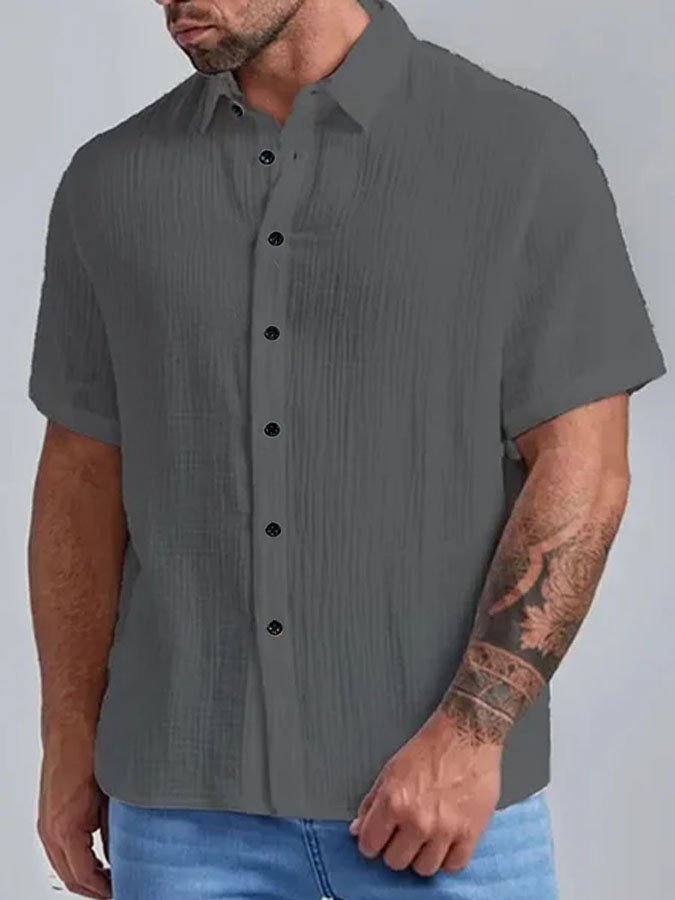 Men's Casual Solid Color Cotton Linen Casual Short Sleeve Shirt
