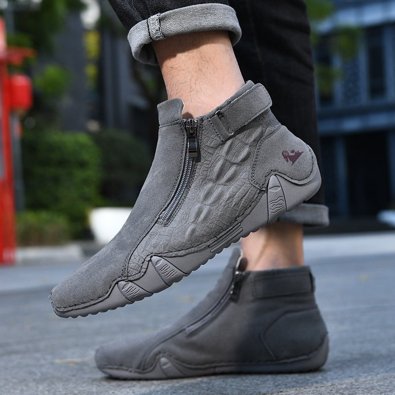 Men’s Genuine Leather Zipper Boots – Casual Slip-On High-Top Boots