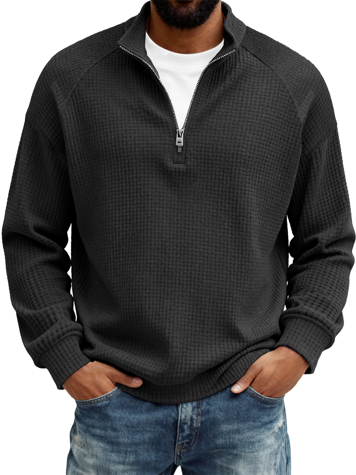 Men's Retro Casual Waffle Fabric Raglan Sleeve Quarter-Zip Long-Sleeve T-Shirt