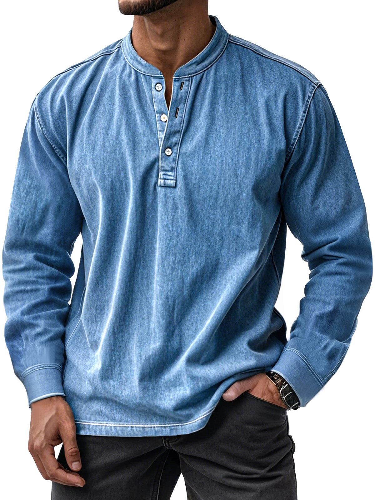 Men's Retro Casual Solid Color Long Sleeve Henley Shirt