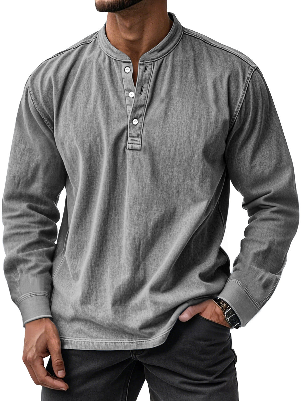 Men's Retro Casual Solid Color Long Sleeve Henley Shirt