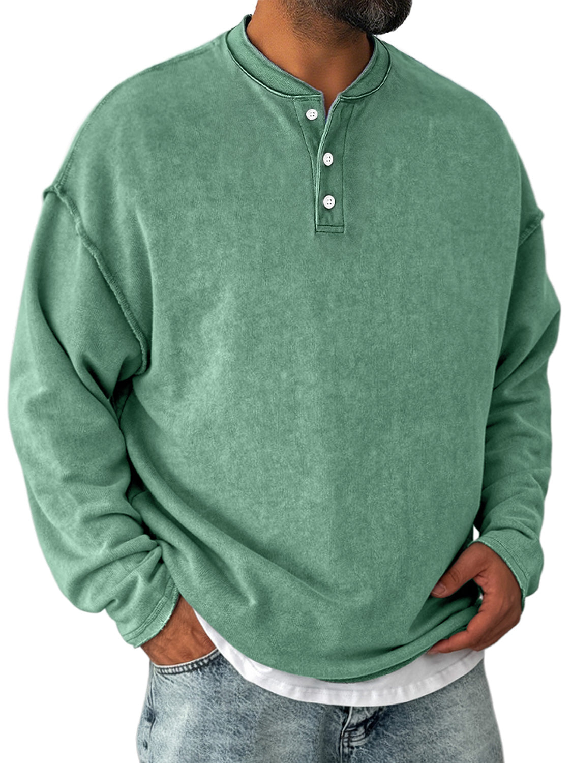 Men's Retro Casual Stand Collar Button-Down Long Sleeve Henley Shirt