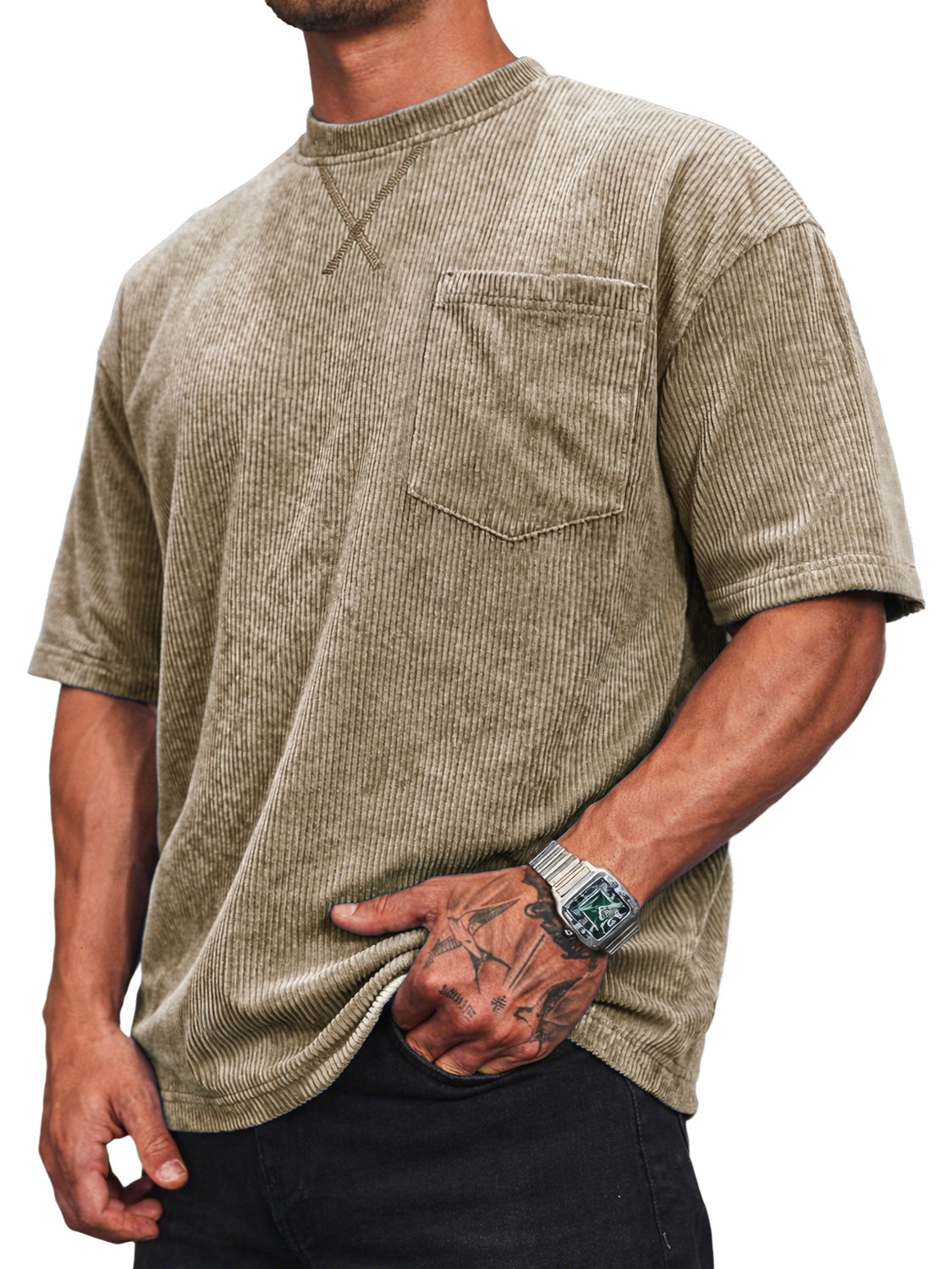 Men's Corduroy Crew Neck Short-sleeved T-shirt With A Crossover Design