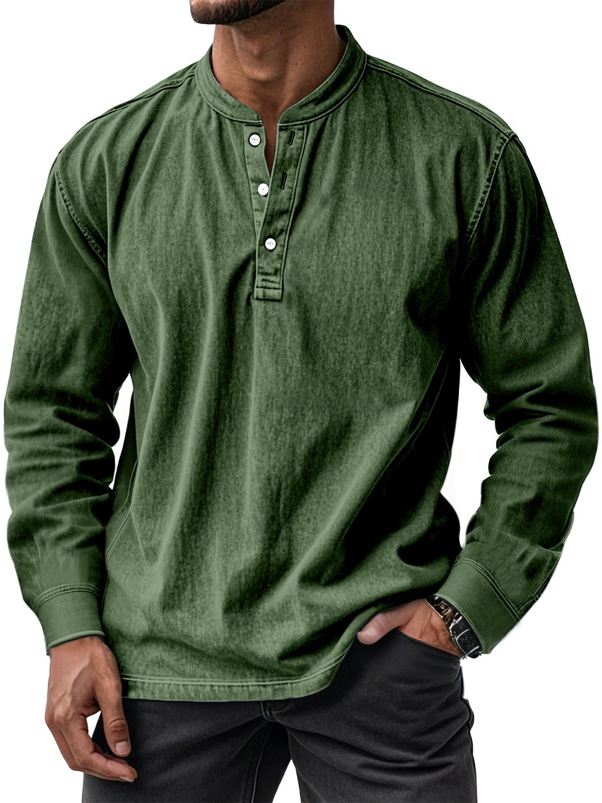Men's Retro Casual Solid Color Long Sleeve Henley Shirt