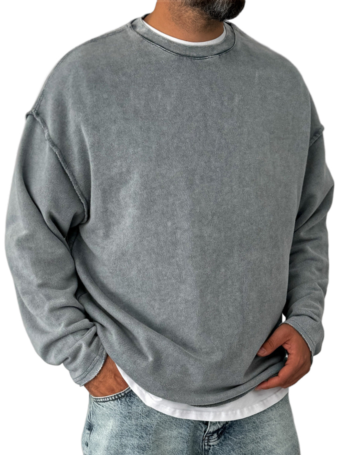 Men's Retro Round Neck Distressed Casual Comfortable Long Sleeve T-shirt