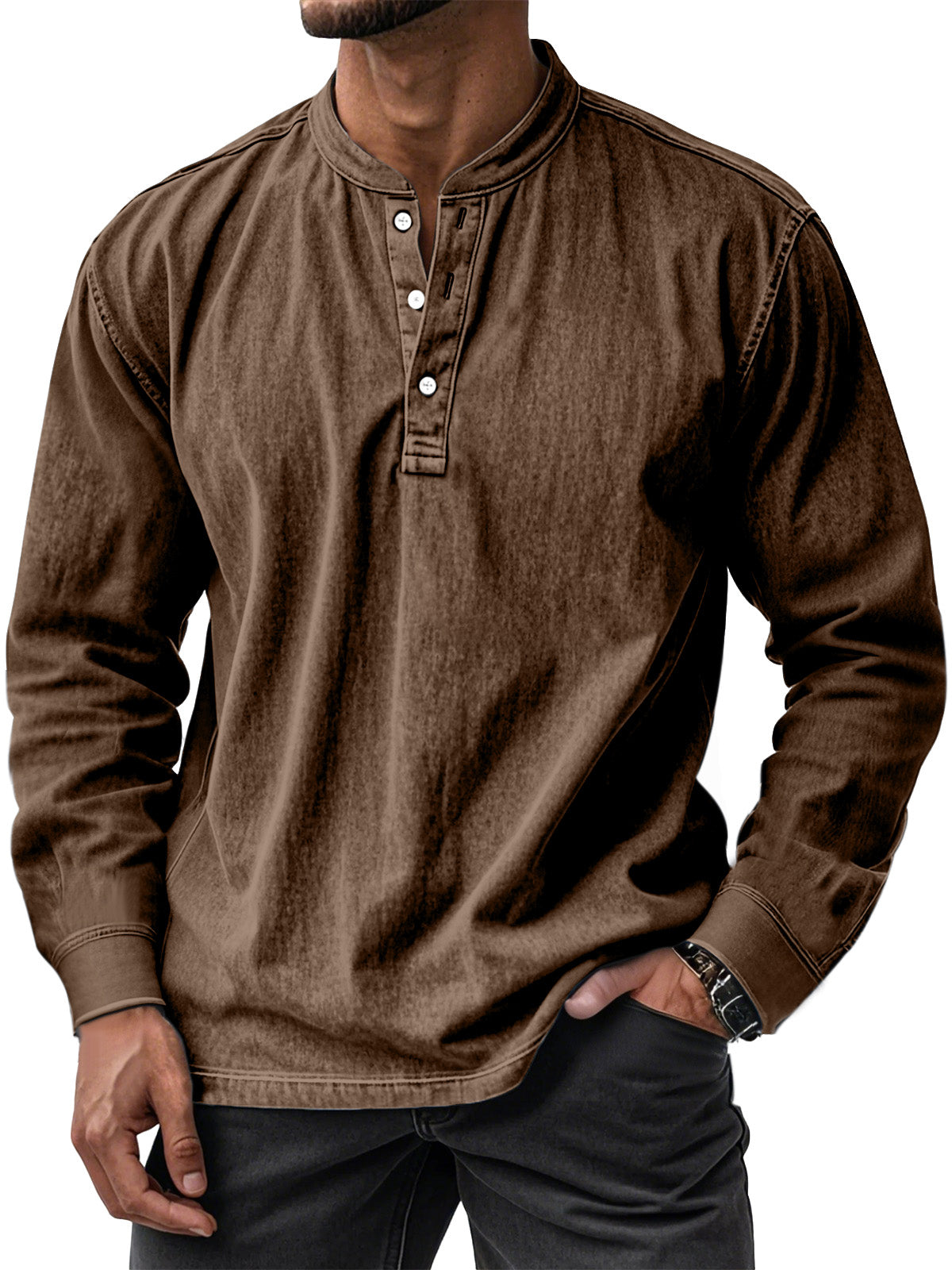 Men's Retro Casual Solid Color Long Sleeve Henley Shirt