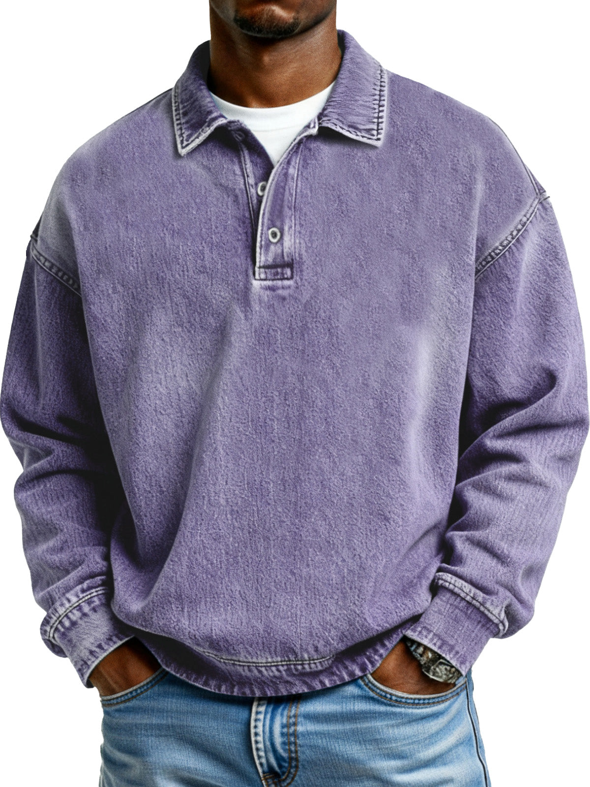Retro Solid Color Simple Button Lapel Long Sleeve Polo Shirt