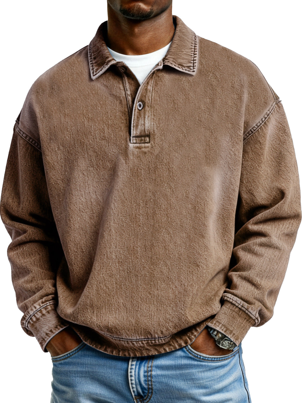 Retro Solid Color Simple Button Lapel Long Sleeve Polo Shirt