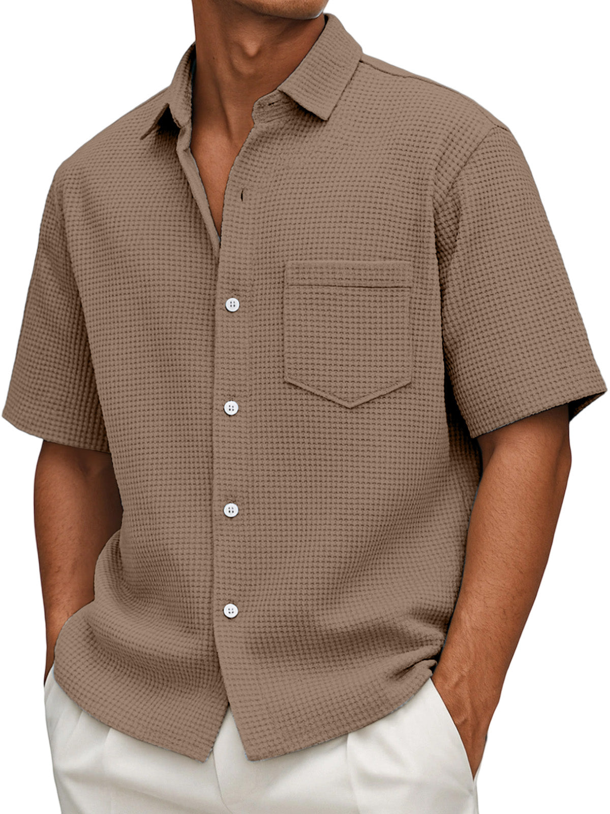 Men's Loose Casual Waffle Solid Color Button Short Sleeve Shirt