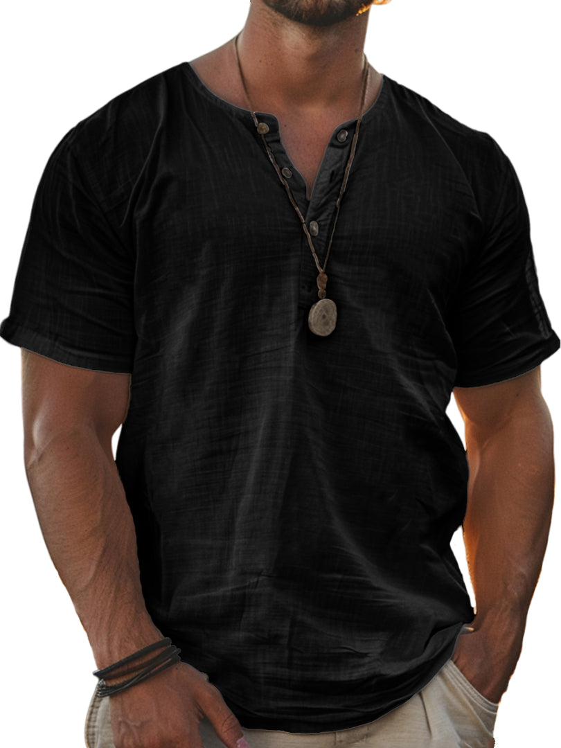 Men's Basic Casual Comfort Button Down Short Sleeve Henley T-Shirt