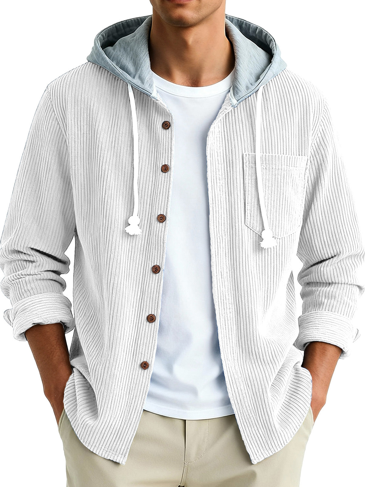  Men's Fashion Vintage Stitching Pit Strip Long Sleeve Pocket Hooded Shirt