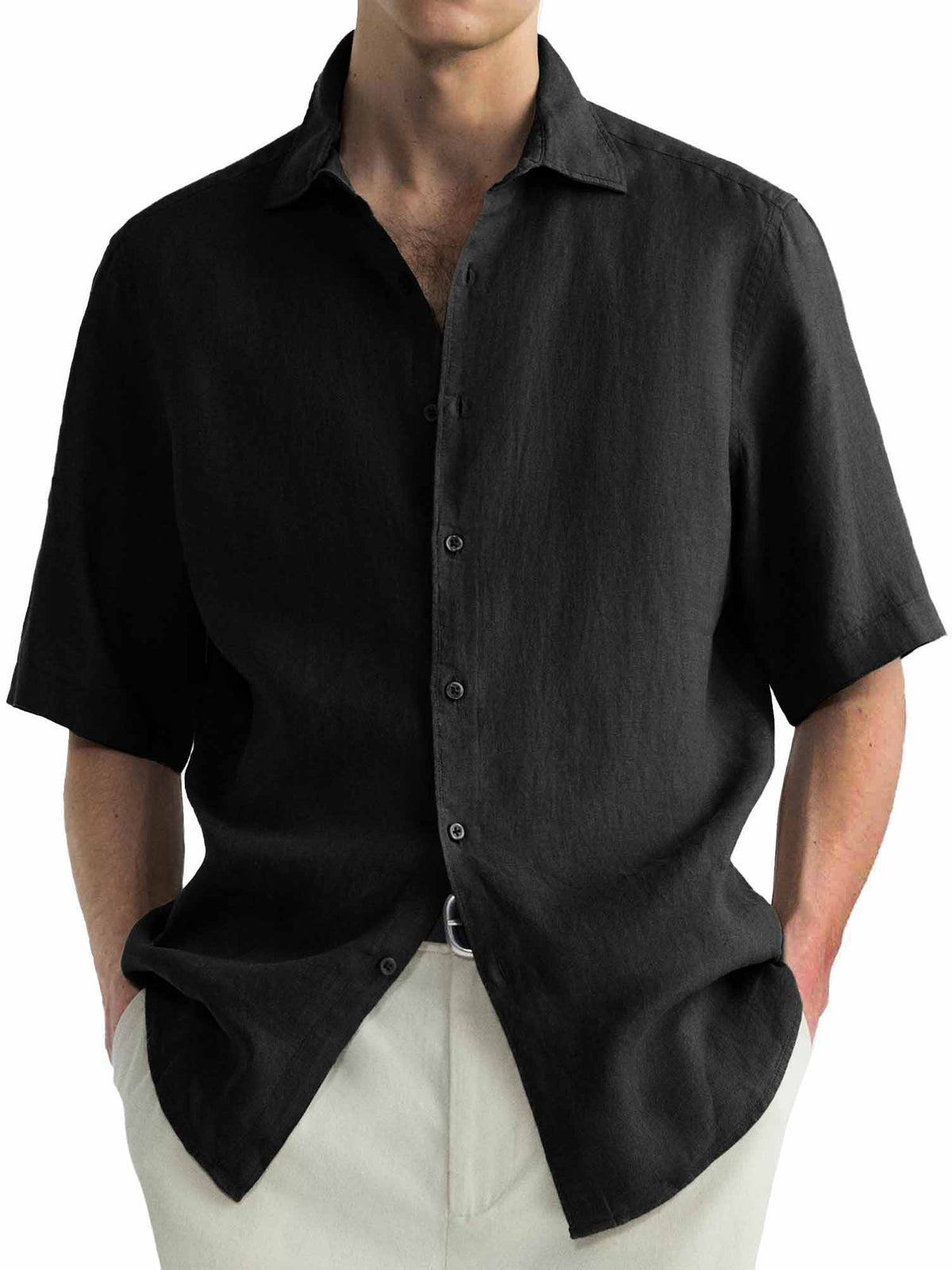 Men's Cotton Hawaiian  Summer Comfortable Casual Basic Solid Color Short Sleeve Shirt