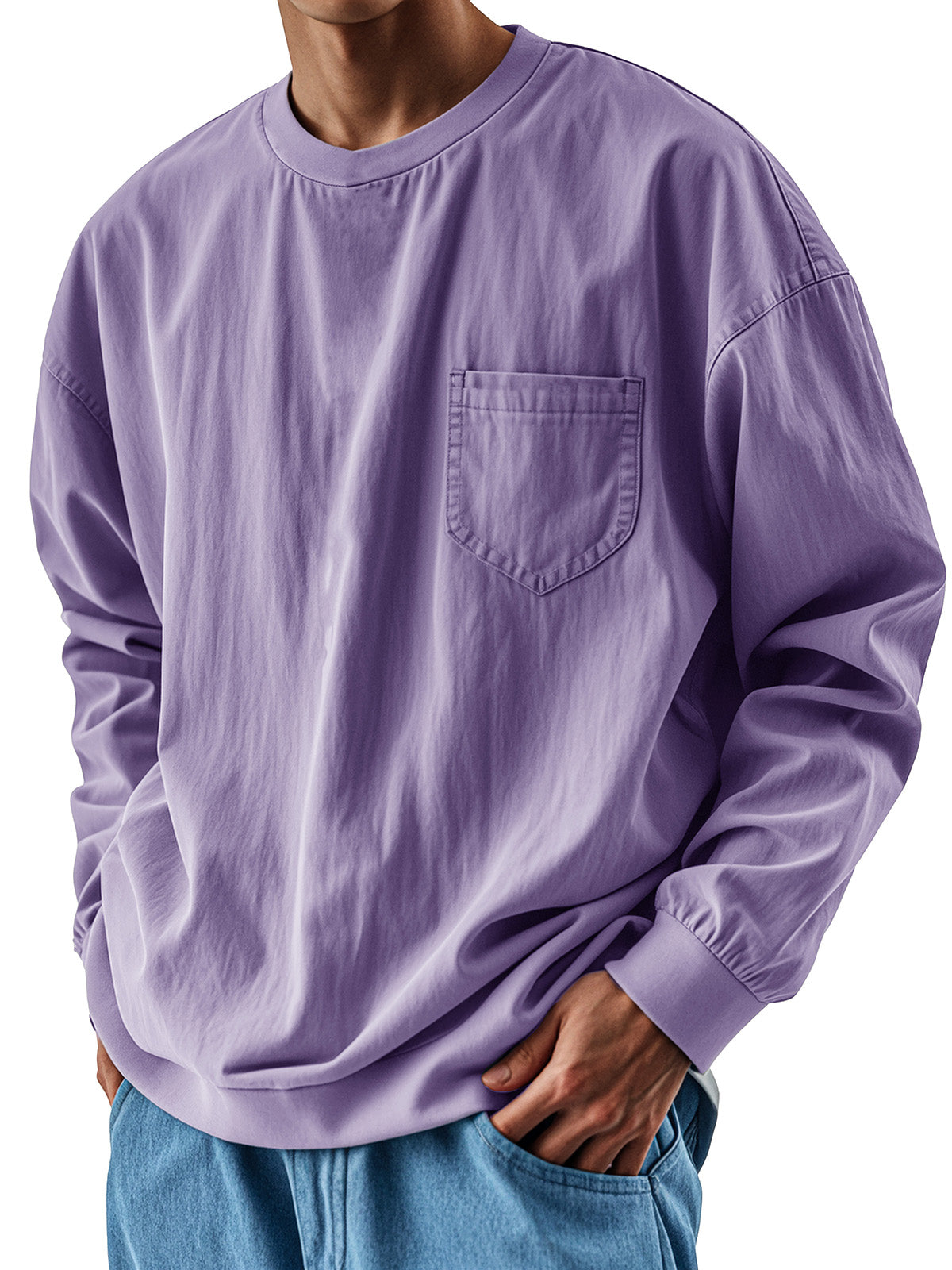 Men's Fashionable Round Neck Casual Pocket Long Sleeve Top