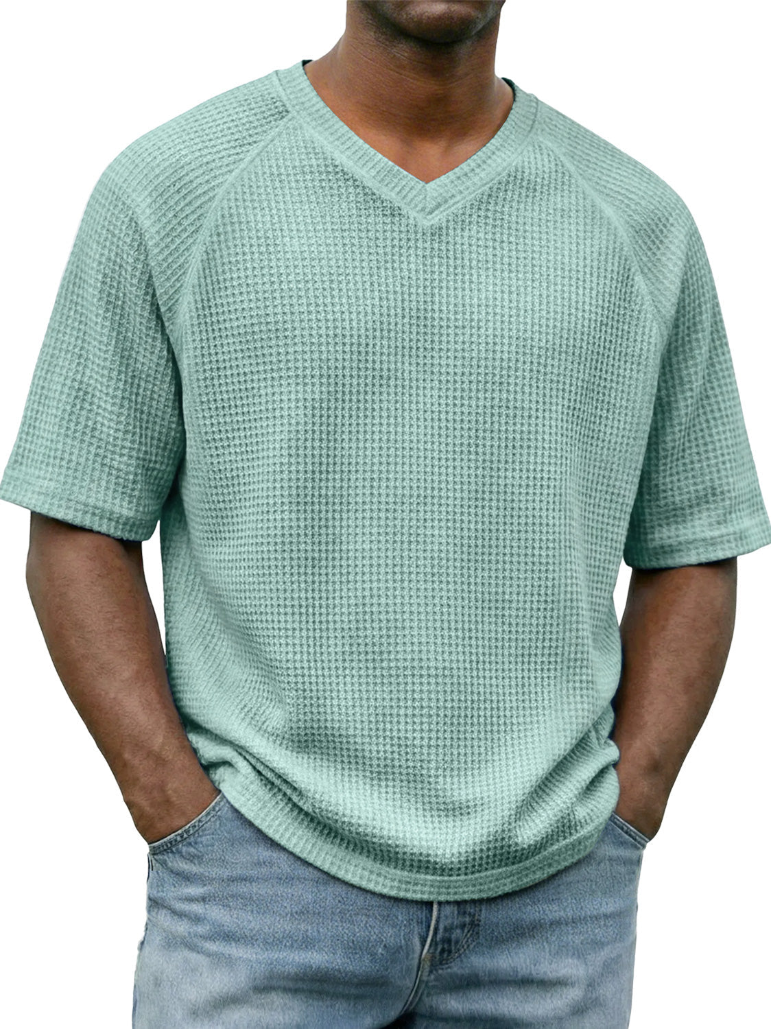 Men's Waffle-knit V-neck Raglan Sleeve Casual Solid Color Short-sleeved Shirt